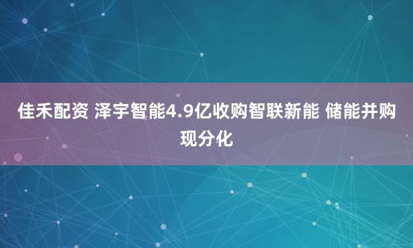 佳禾配资 泽宇智能4.9亿收购智联新能 储能并购现分化
